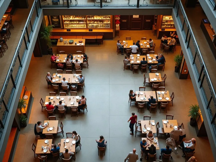 Overhead or elevated view of dining area showing table placement, traffic flow,.