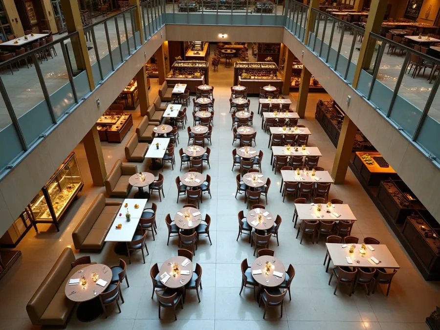 Overhead or elevated view of dining area showing table placement, traffic flow,.